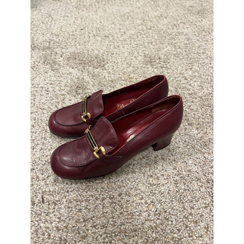 Vintage Ginza Diana Burgundy Leather Horsebit Heeled Loafers - Size 6.5 / 23.5